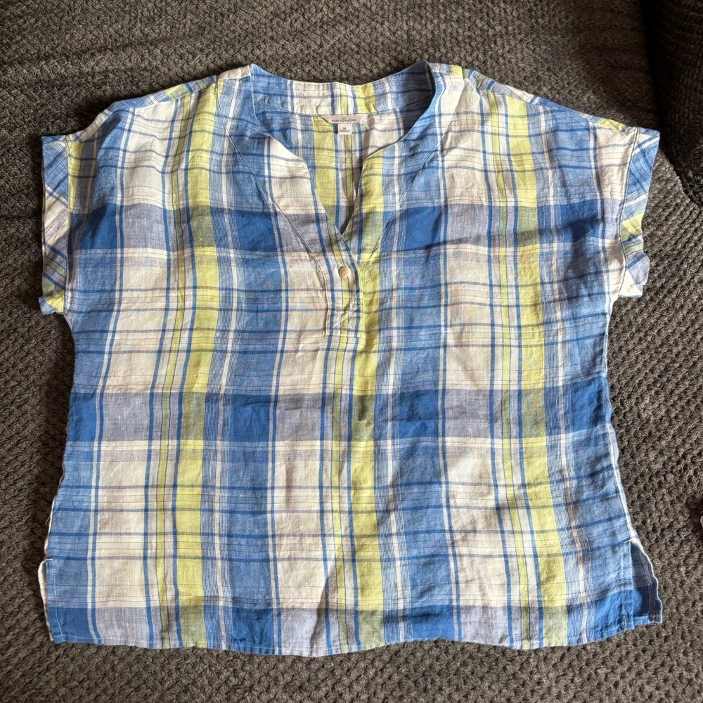 LL Bean Signature Top Women M Plaid Linen Split Neck Gauze Novelty Short Sleeve